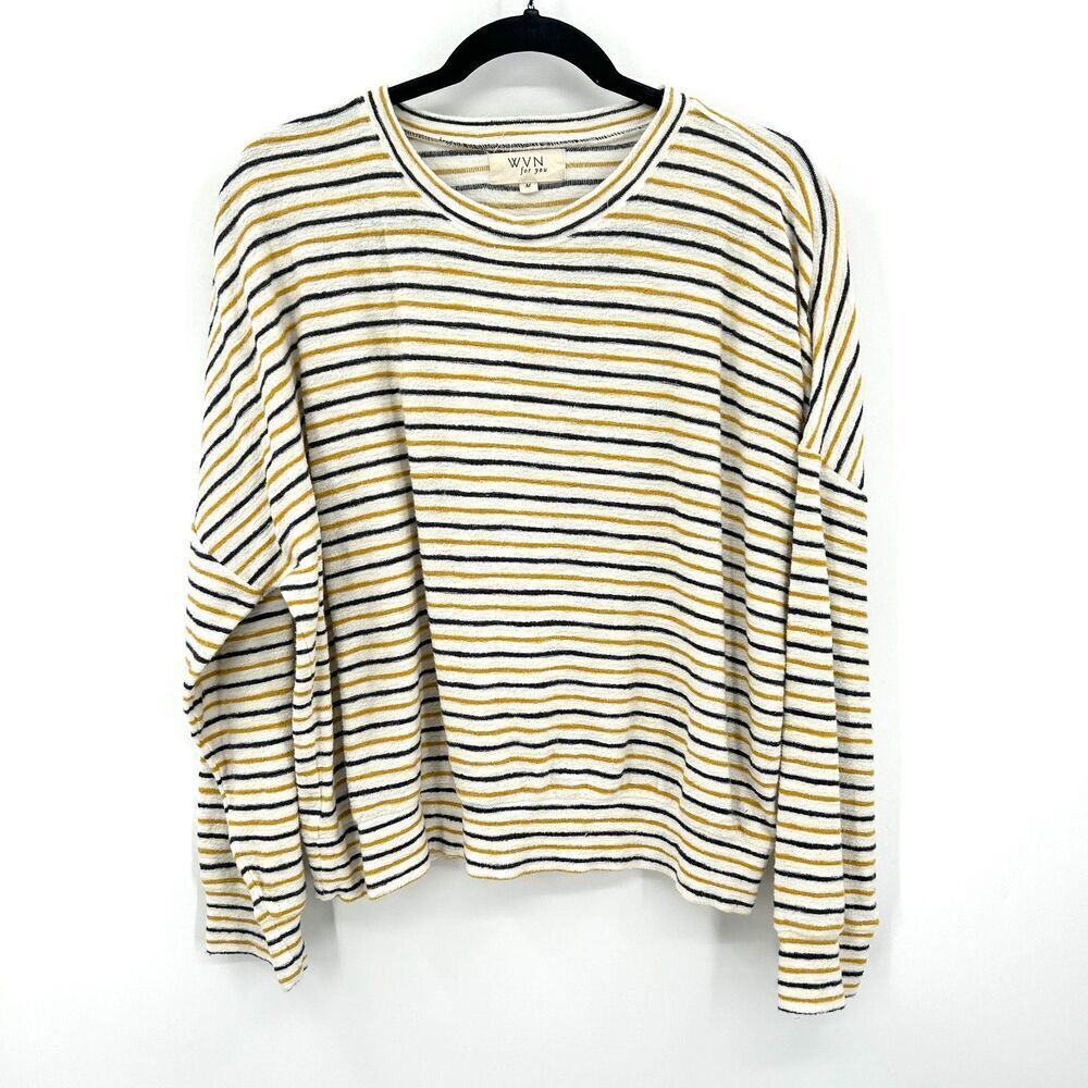 WVN Cream Yellow Striped Organic Cotton Terry Cloth Dolman Sleeve Top Medium